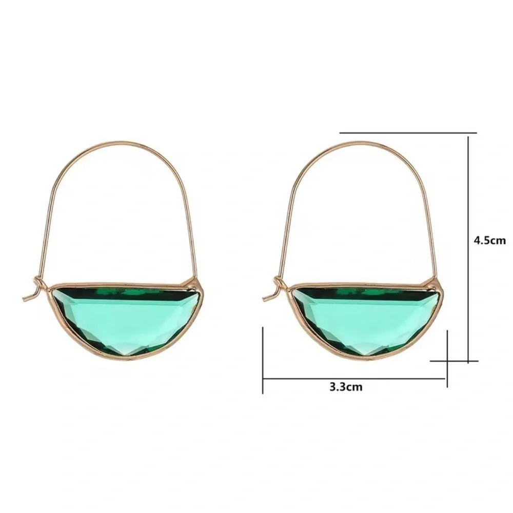 Emerald Green Glass Crescent Hoop Gold Earrings